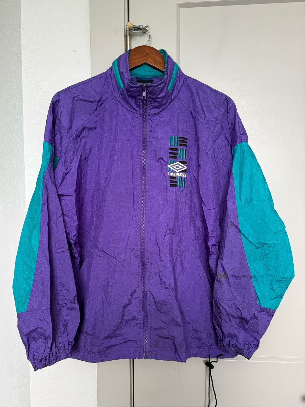 VINTAGE 90S UMBRO PURPLE TEAL FULL ZIP WINDBREAKER WITH HOOD MENS MEDIUM